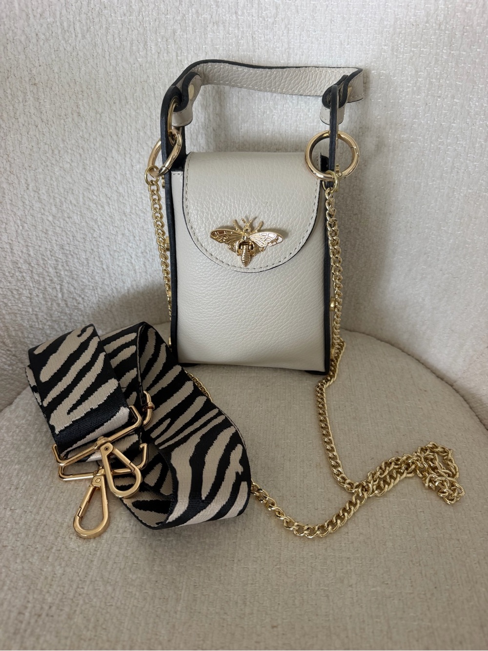 One of a kind Leather Crossbody Bag with Gold Bee Accent